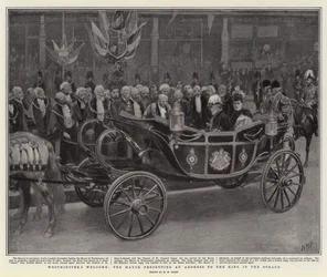 Westminsters Empfang, der Bürgermeister überreicht dem König eine Adresse im Strand